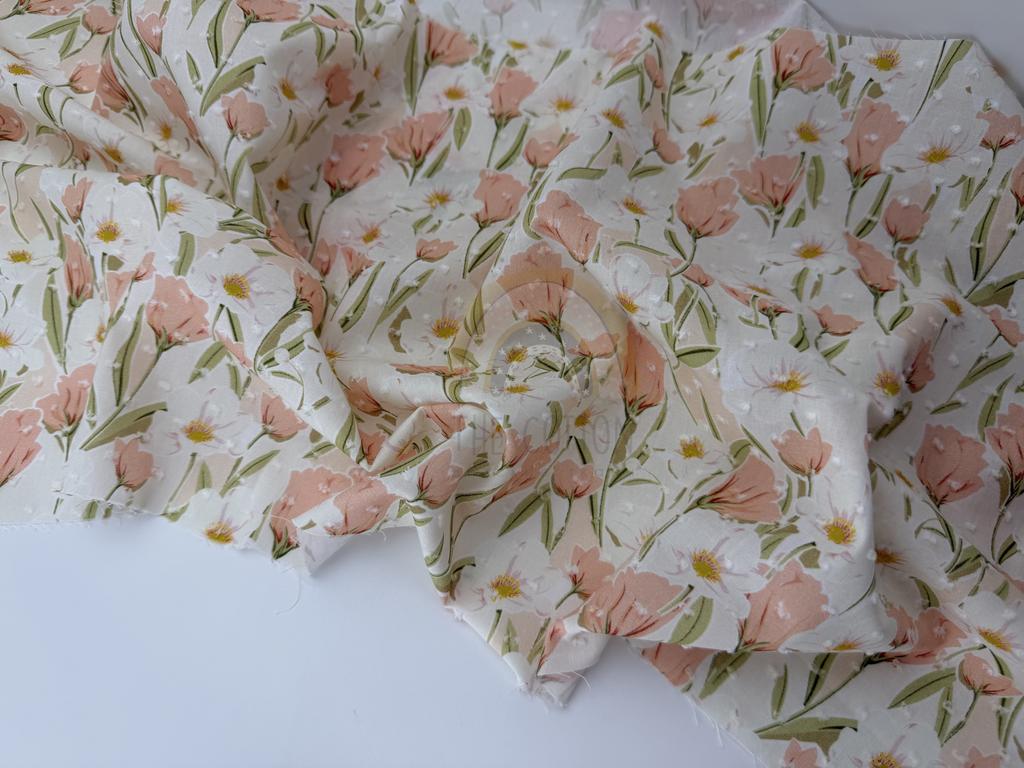 Батист в  мушку - Квіти маки та ромашки на молочному BM 0359