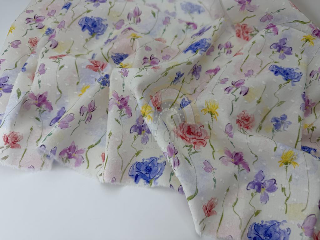 Батист в  мушку - Квіти польові акварельні на молочному  BM 0361