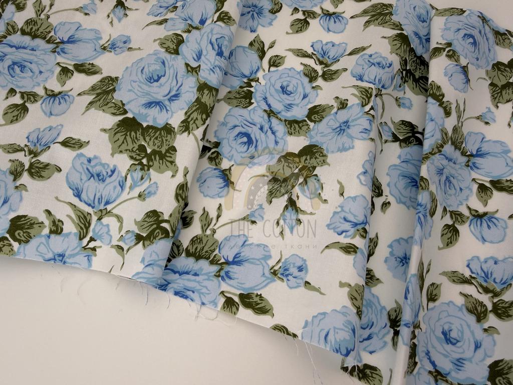 Бавовна Сатин - Принт квіти троянди пухнасті блакитні на молочному SP 1112