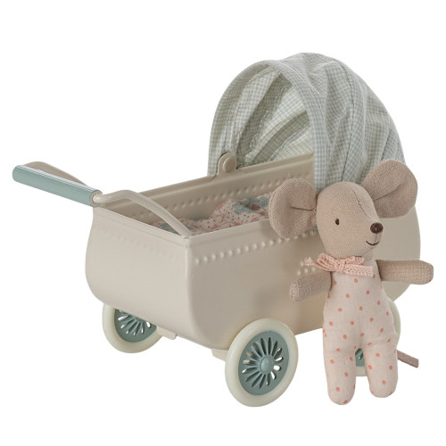 Каляска міні з новонародженим мишеням ретро 9см голуба Maileg