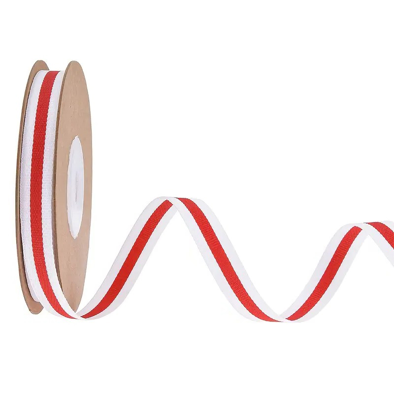 Стрічка 1см у біло-червону полоску 10м Canea