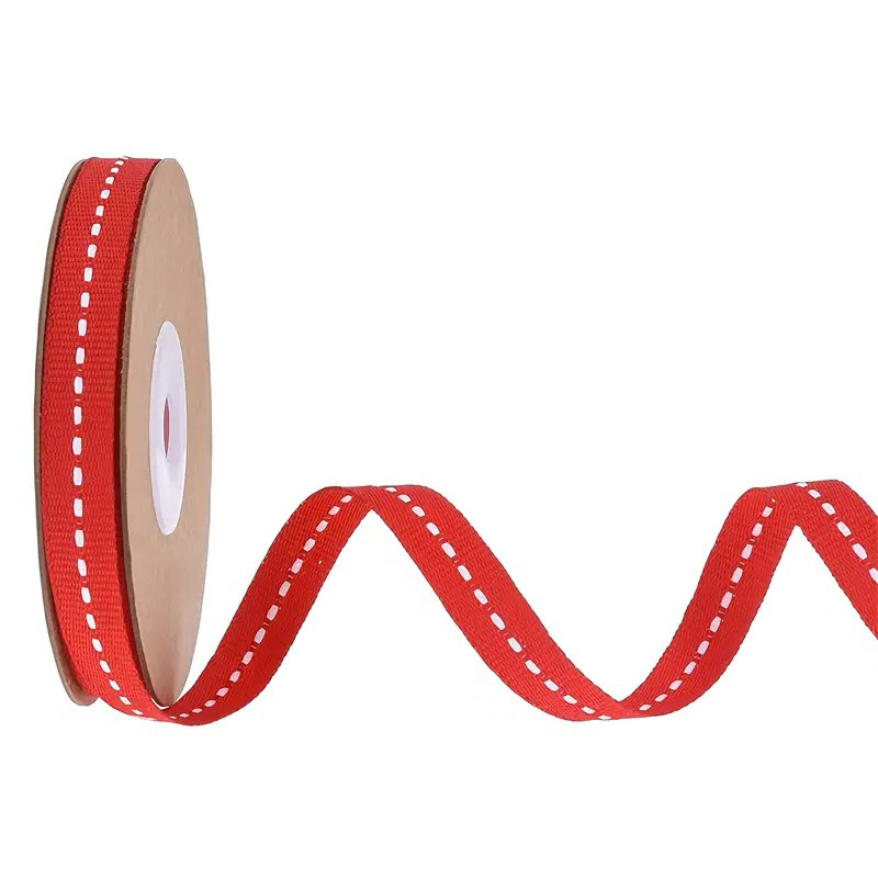 Стрічка 1см червона у білі стібки Canea