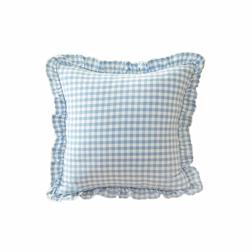 Подушка 45х45см бавовняна голуба в клітинку з рюшами Canea