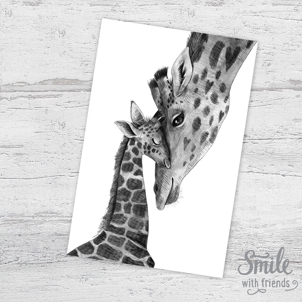 Жирафы - мама с ребенком на темном фоне - открытка