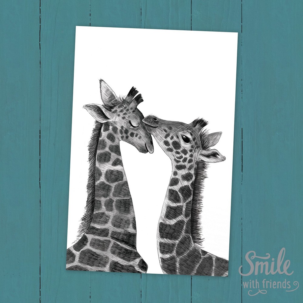 Жирафы - мама с детьми - открытка