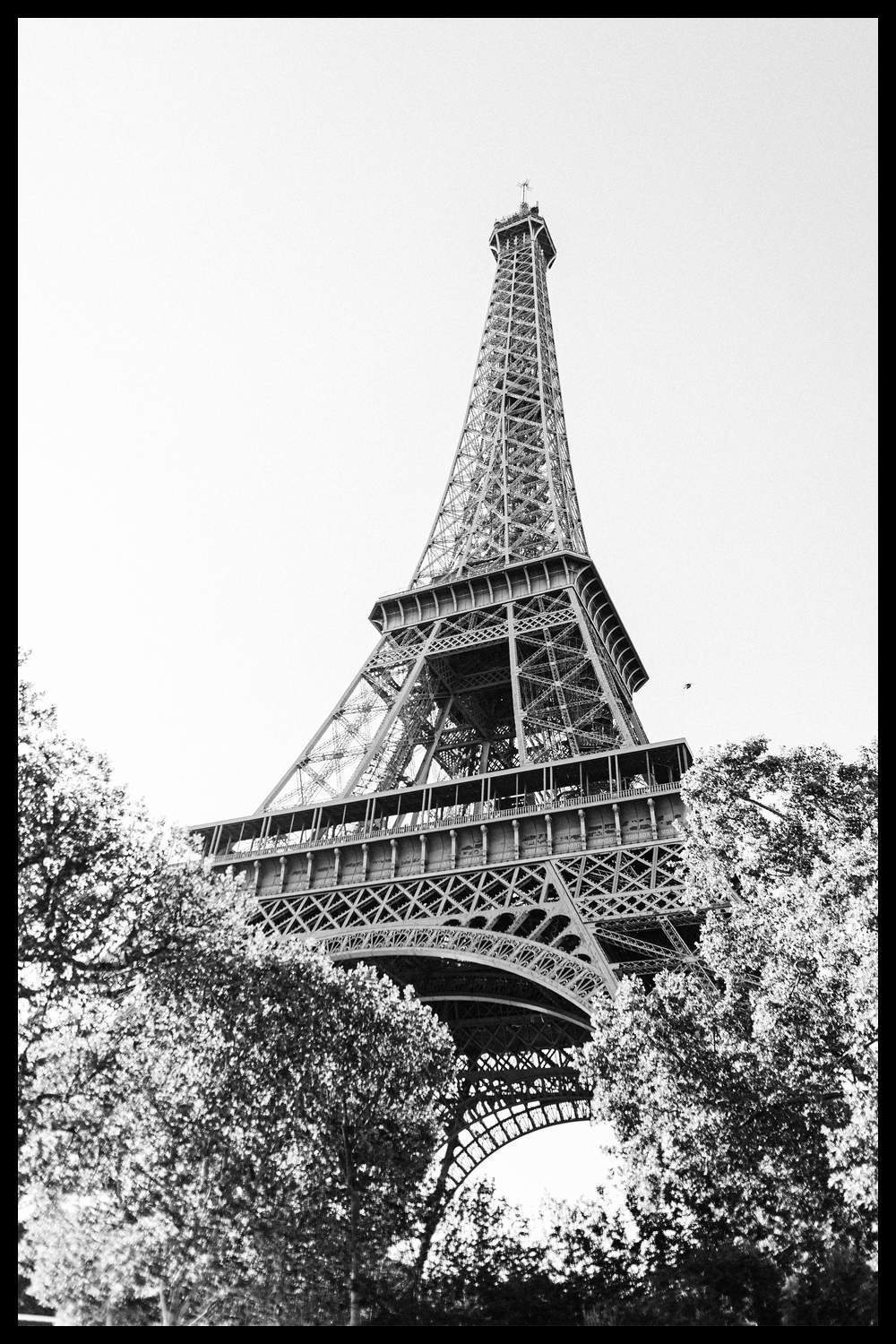 Черно-белое фото эйфелевой башни в париже.