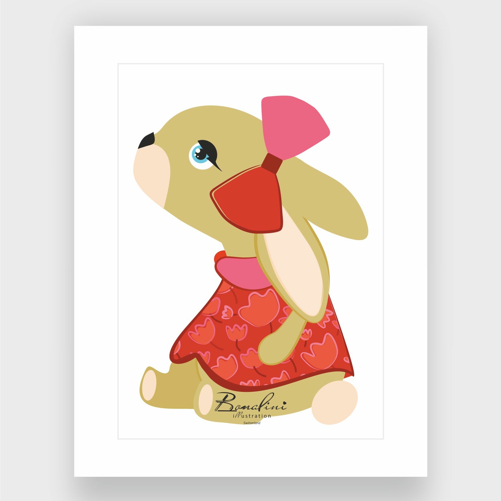 Plush Bunny Monika poster with elegant white Passepartout — sweet bunny wearing pink bow and red dress with heart patterns, sitting pose, nursery wall art for children's room, Swiss quality art print on Hahnemühle cotton