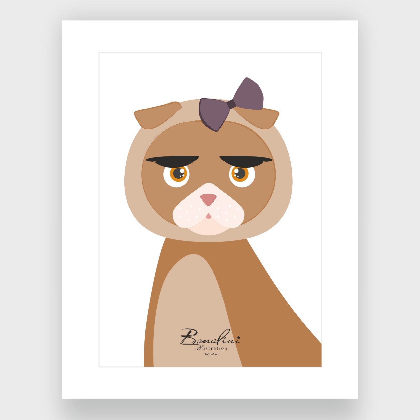 Luisa The Cat poster with elegant white Passepartout — brown cat wearing purple bow with half-closed eyes and sassy attitude, nursery wall art for children's room, Swiss quality art print on Hahnemühle cotton