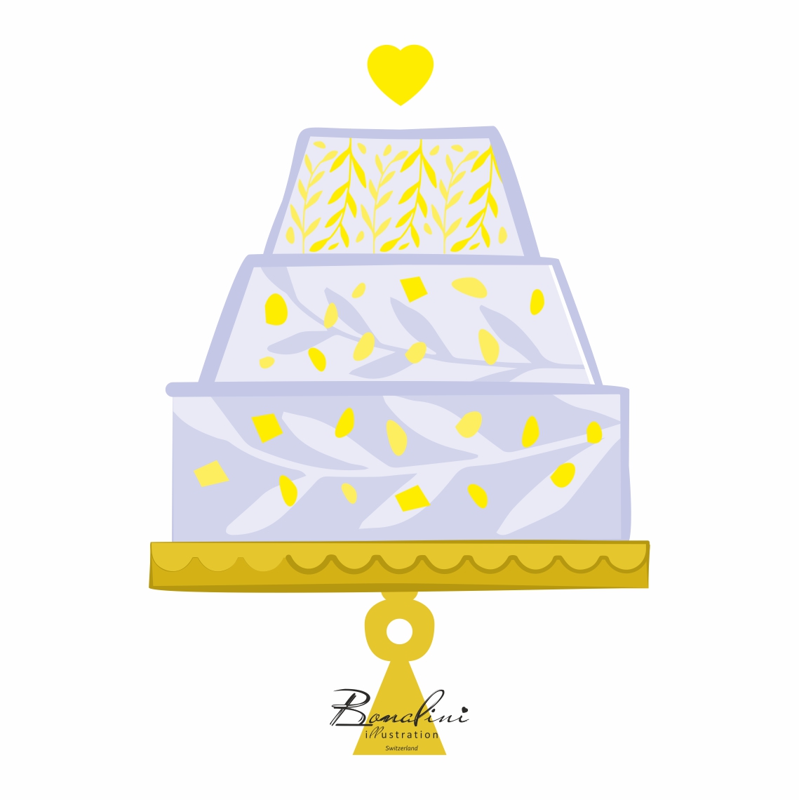 Bake A Cake illustration - lavender tiered cake with yellow heart on gold stand, Swiss nursery wall art print