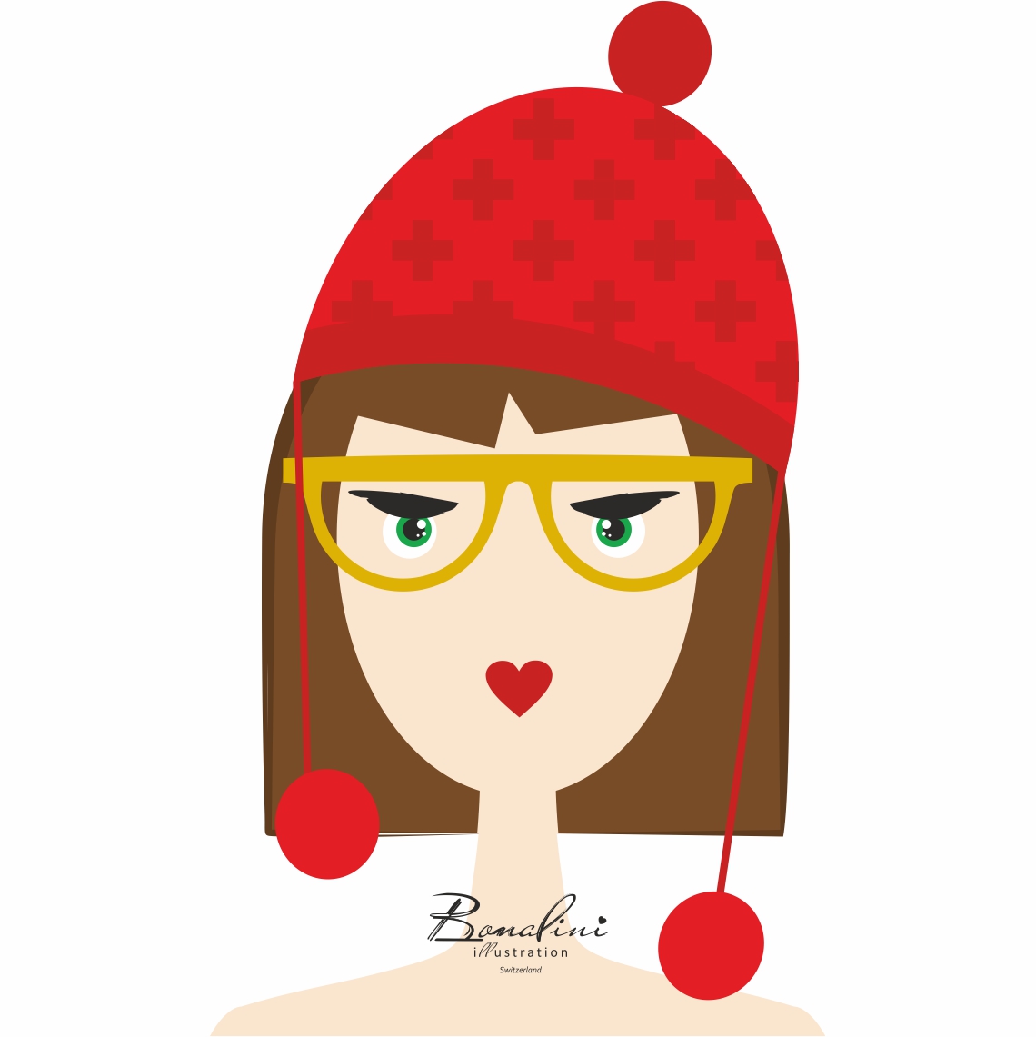 Mila Swiss girl poster — stylish girl wearing red hat with white Swiss crosses and yellow glasses, heart-shaped lips and brown bob hair, nursery wall art for children's room, Swiss quality art print on Hahnemühle cotton