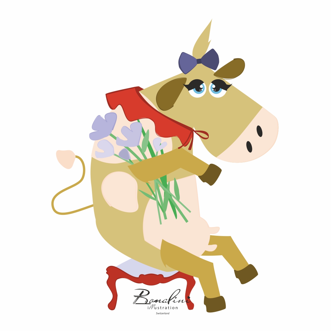 Elizabeth The Cow poster — Swiss alpine cow wearing purple bow and red scarf, holding bouquet of purple lavender flowers, sitting on red stool, nursery wall art for children's room, Swiss quality art print on Hahnemühle cotton