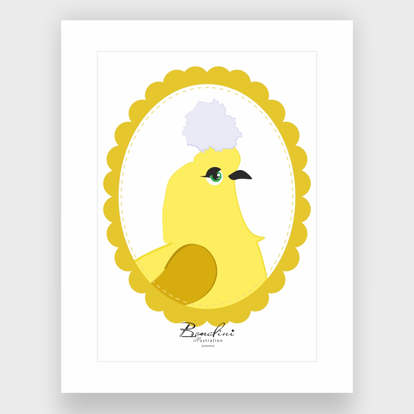 Louis The Royal Pigeon poster with elegant white Passepartout — yellow pigeon with lavender crest inside golden ornate oval frame, nursery wall art for children's room, Swiss quality art print on Hahnemühle cotton, regal bird design