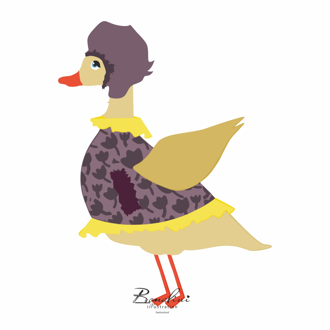 Maria The Fashionista poster — stylish duck wearing purple dress with tulip patterns and yellow ruffles, purple bob hairstyle, nursery wall art for children's room, Swiss quality art print on Hahnemühle cotton, spring themed design