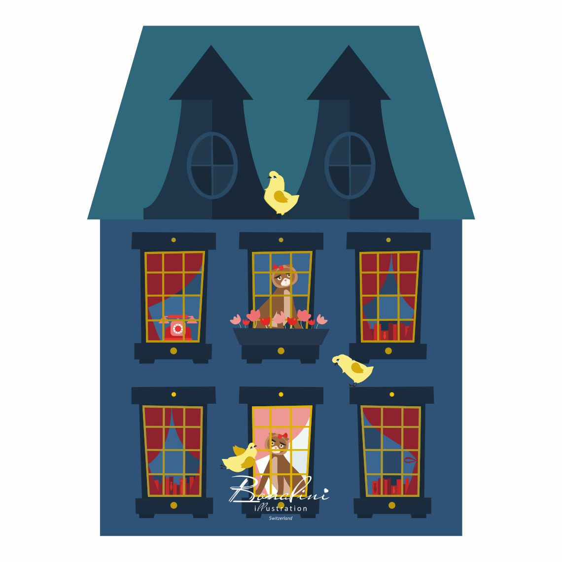 Luisa And The Royal Pigeons - whimsical cat and pigeon house illustration, navy blue building with red curtains, nursery wall art poster for children's room, Swiss quality art print with playful animal characters