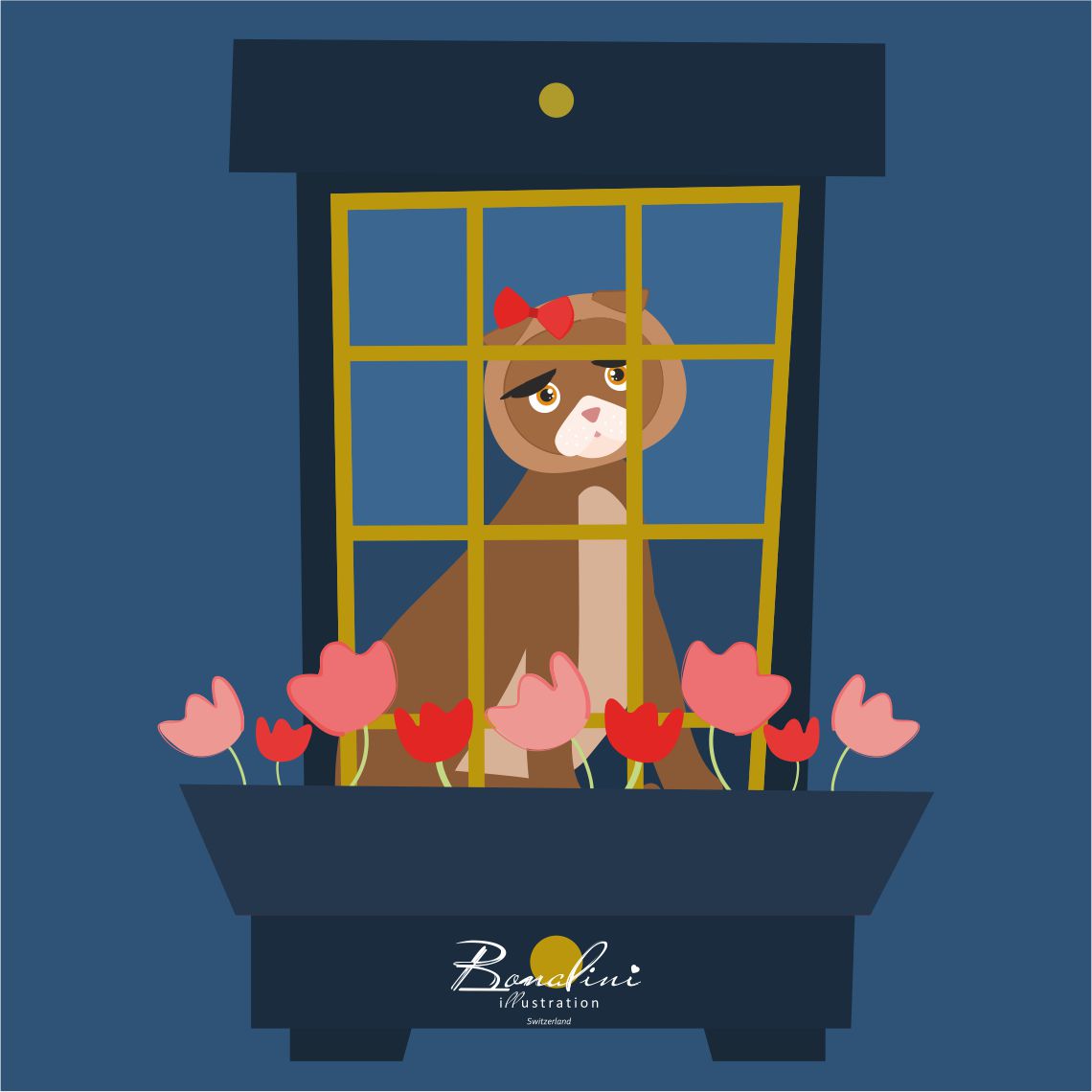 Luisa And The Tulips poster — brown cat with red bow looking through golden window frame with pink and red tulips in window box, navy blue house illustration, nursery wall art for children's room, Swiss quality art print on Hahnemühle cotton, spring themed design