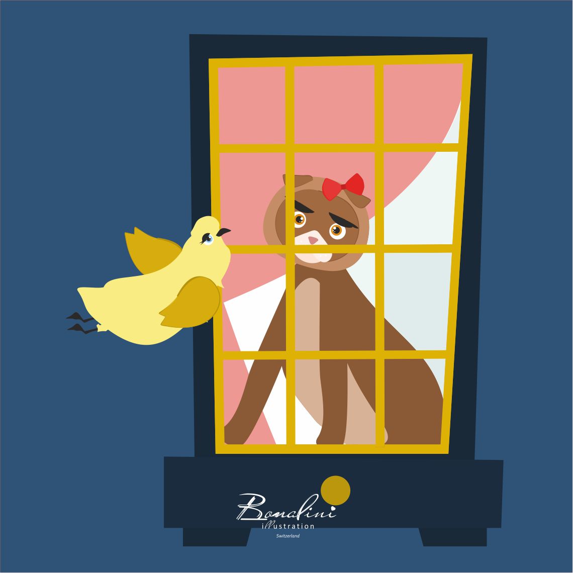 Luisa And The Royal Pigeon Louis poster — curious brown cat with red bow looking through golden window frame at yellow pigeon, navy blue house illustration, nursery wall art for children's room, Swiss quality art print on Hahnemühle cotton, friendship themed design