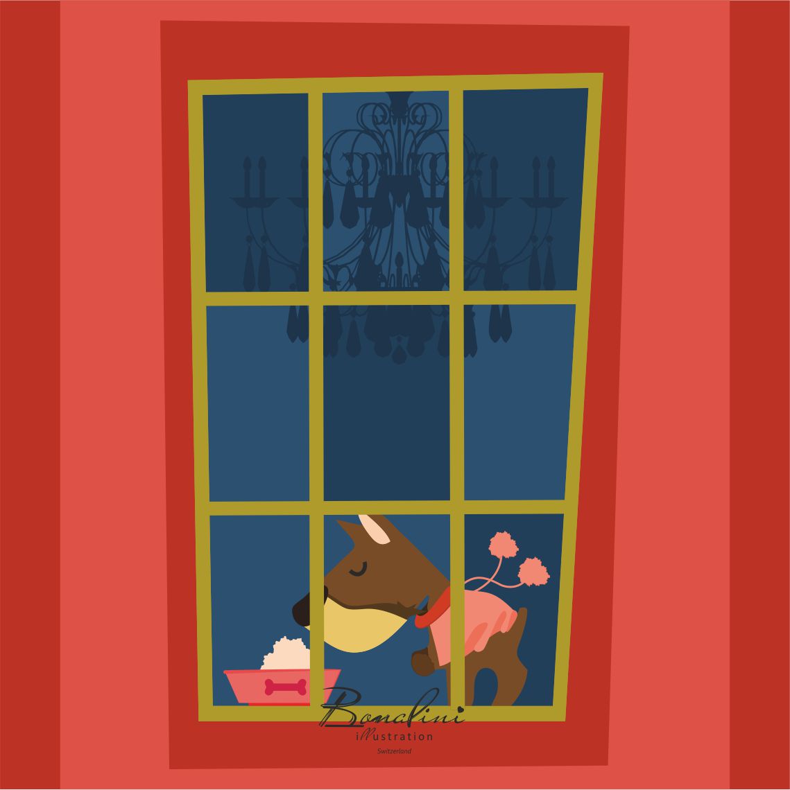 Frederick and The Raspberry Pudding - dog looking through window with chandelier, cozy nursery wall art poster for children's room, Swiss quality art print with coral frame and evening scene
