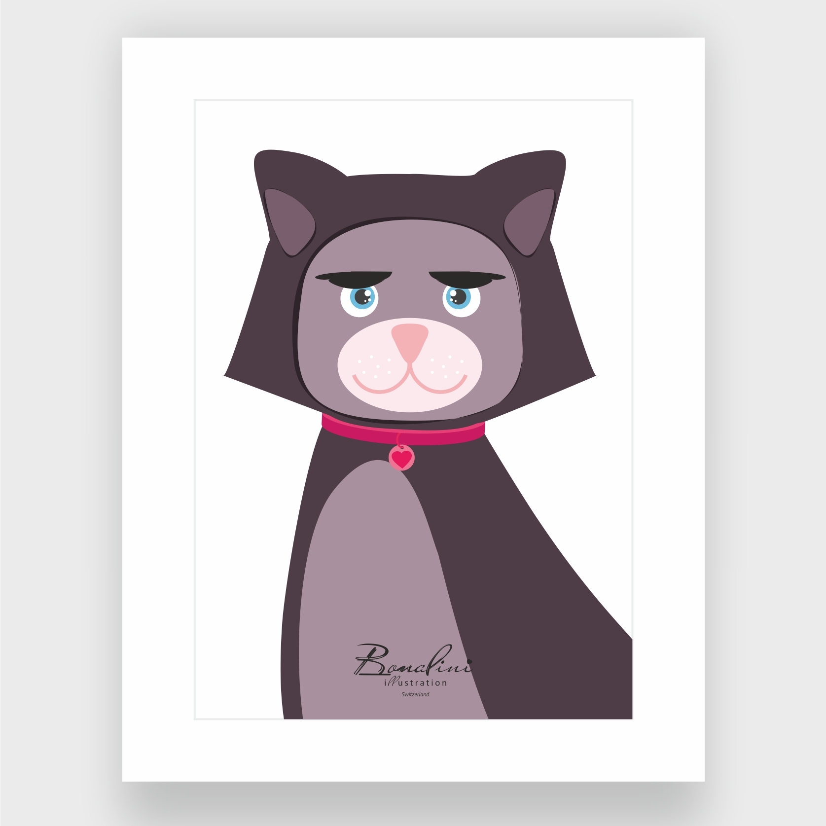 Geneva The Cat art print with white passepartout - mysterious lilac cat poster for nursery wall decor, kids room art Switzerland