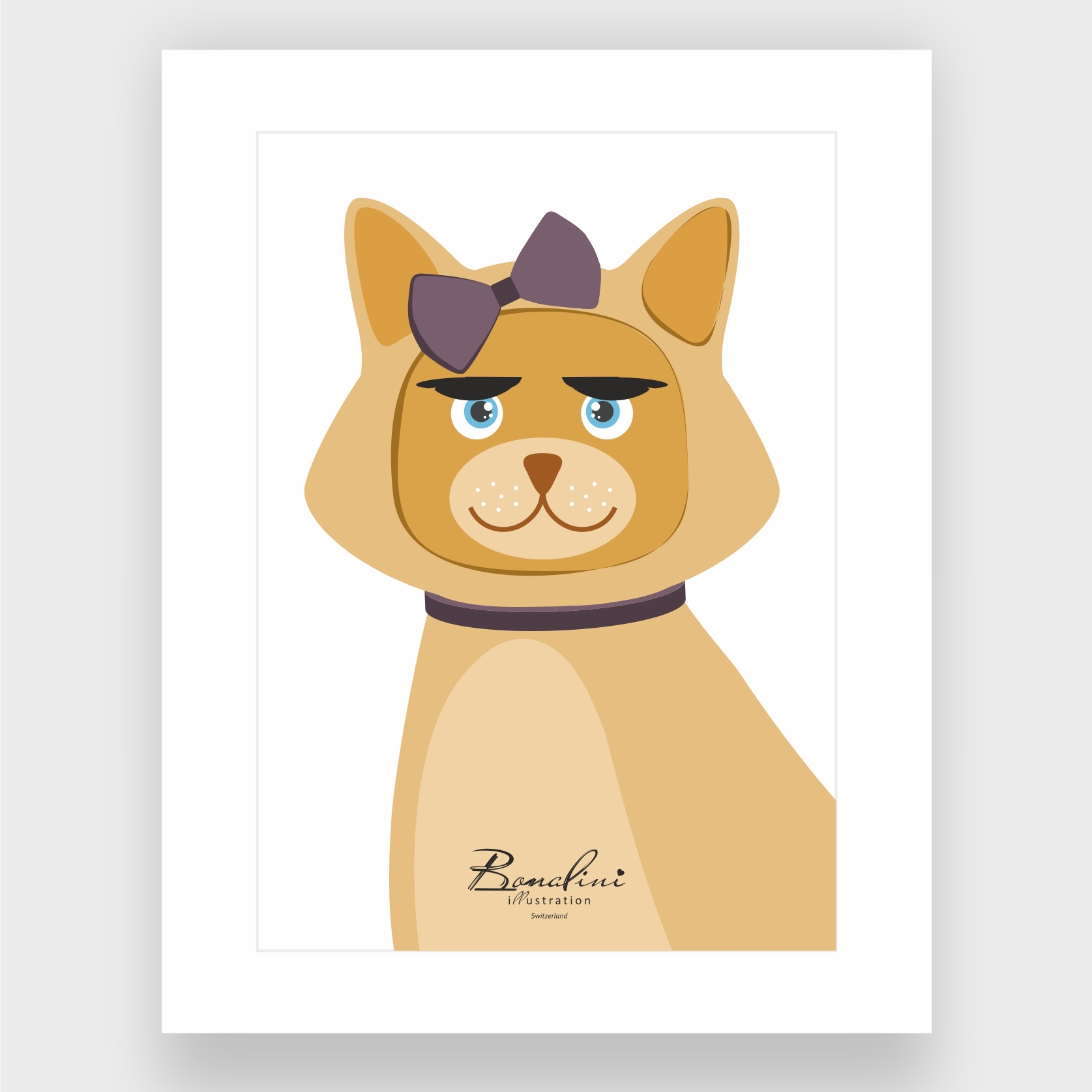 Beatrice The Cat art print — brown cat with purple bow, blue eyes and collar, kids nursery wall art poster by BonaliniSwitzerland Switzerland