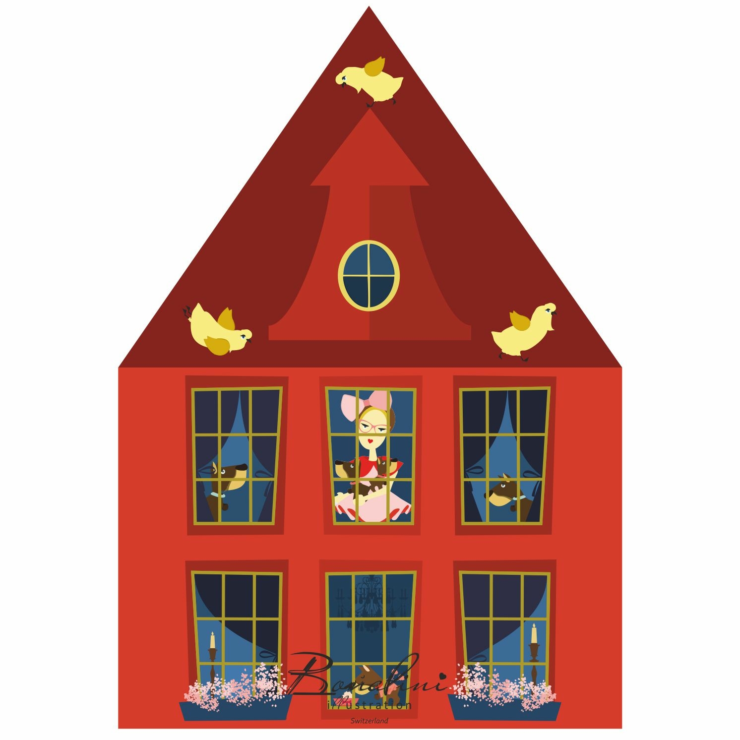 Frederic and a Velvet Red House poster — red house illustration with animals in windows and yellow pigeons on roof, nursery wall art for children's room, Swiss quality art print with navy blue window details