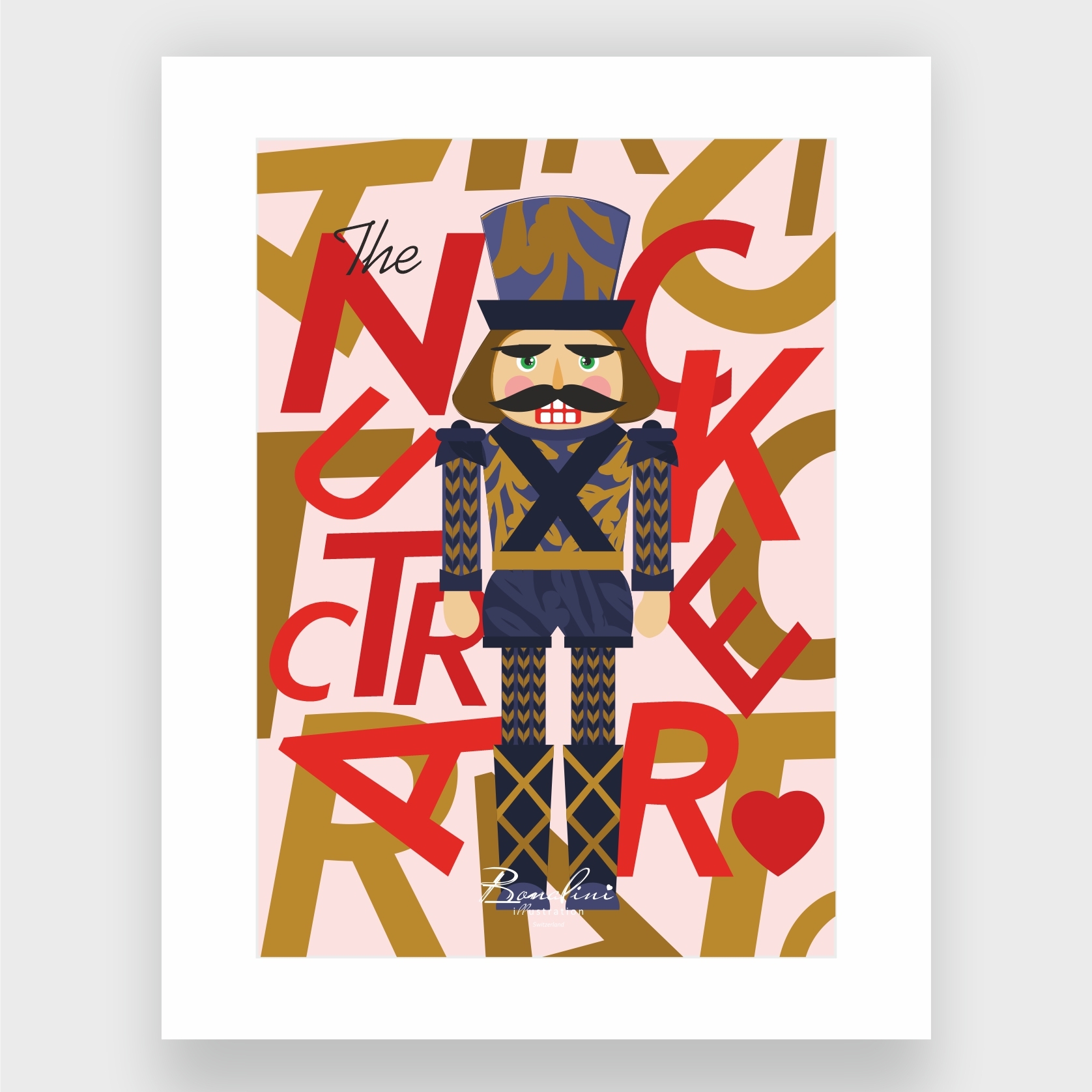The Nutcracker poster with Passepartout — classic soldier illustration in navy blue uniform with crown, surrounded by bold red and gold typography letters, nursery wall art for children's room, Swiss quality art print