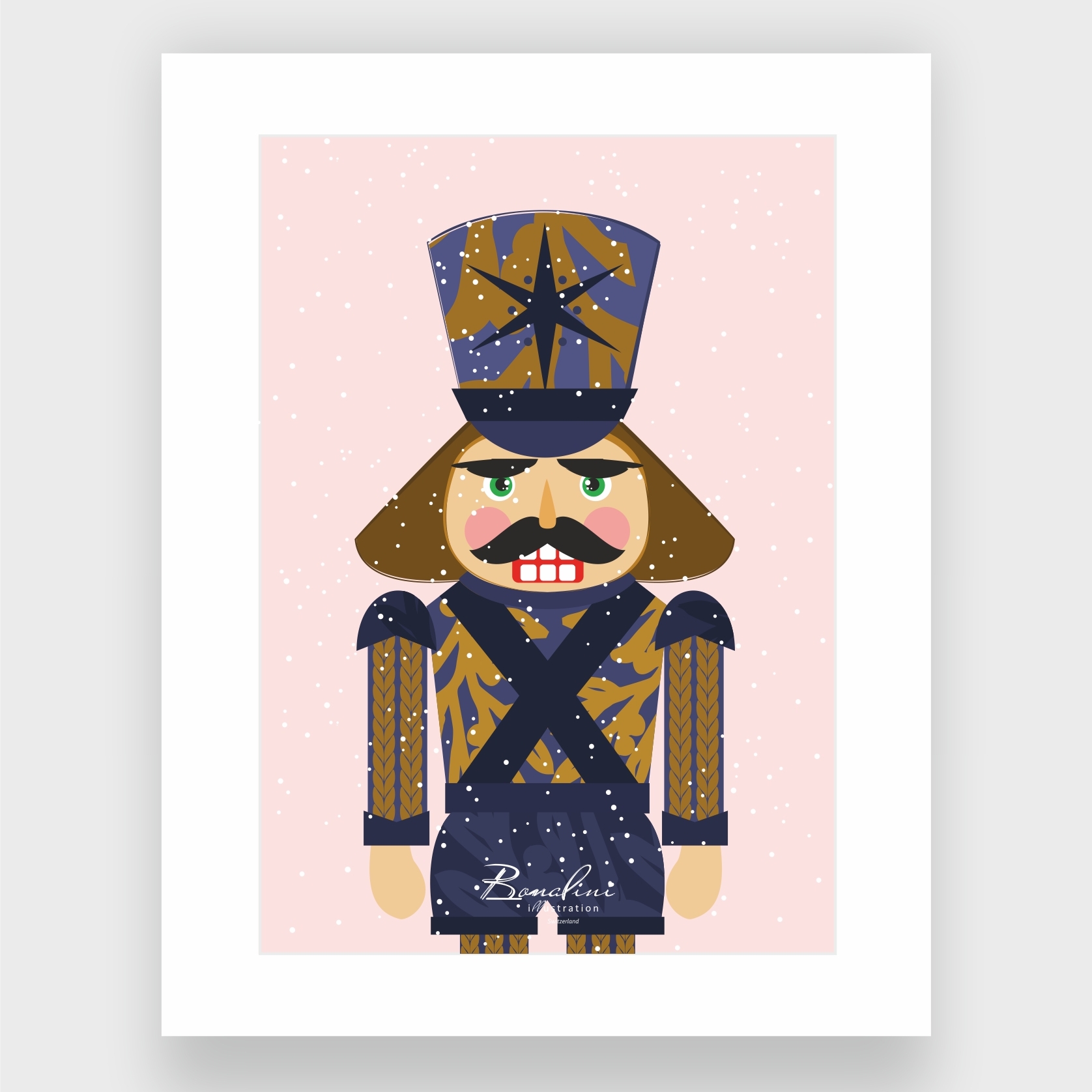 Flute the Nutcracker poster — traditional wooden soldier with mustache wearing navy blue and gold uniform with star pattern on tall hat, cross-belt detail, pink background with snowflakes, nursery wall art for children's room, Swiss quality art print on Hahnemühle cotton
