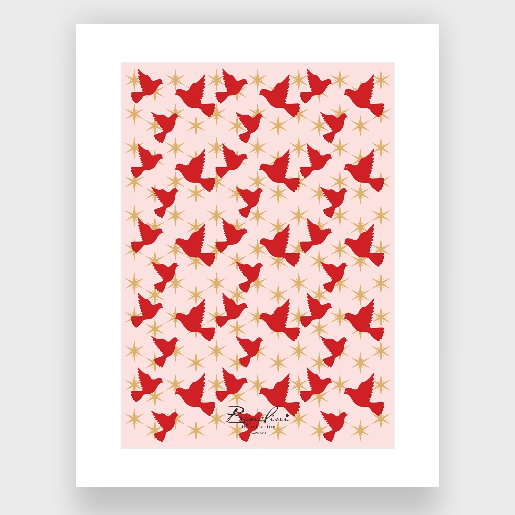 Stars Of The Sky Christmas poster with elegant white Passepartout — red birds flying pattern among golden stars on soft pink background, freedom and new beginnings theme, nursery wall art for children's room, Swiss quality art print on Hahnemühle cotton, holiday Christmas collection