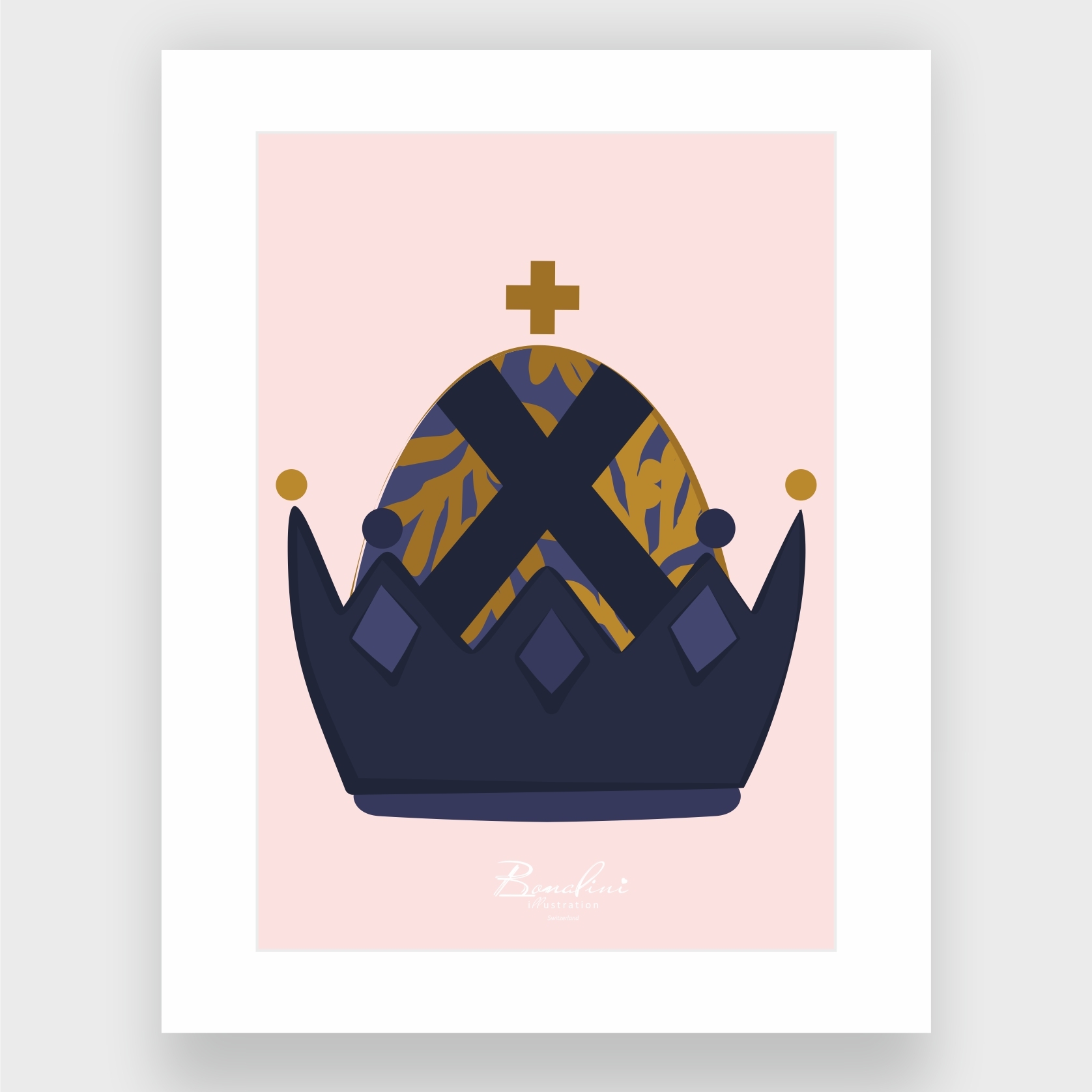 The Crown Christmas poster with elegant white Passepartout — navy blue royal crown with golden cross on top and ornate decorative patterns, soft pink background, nursery wall art for children's room, Swiss quality art print on Hahnemühle cotton, Christmas grace theme