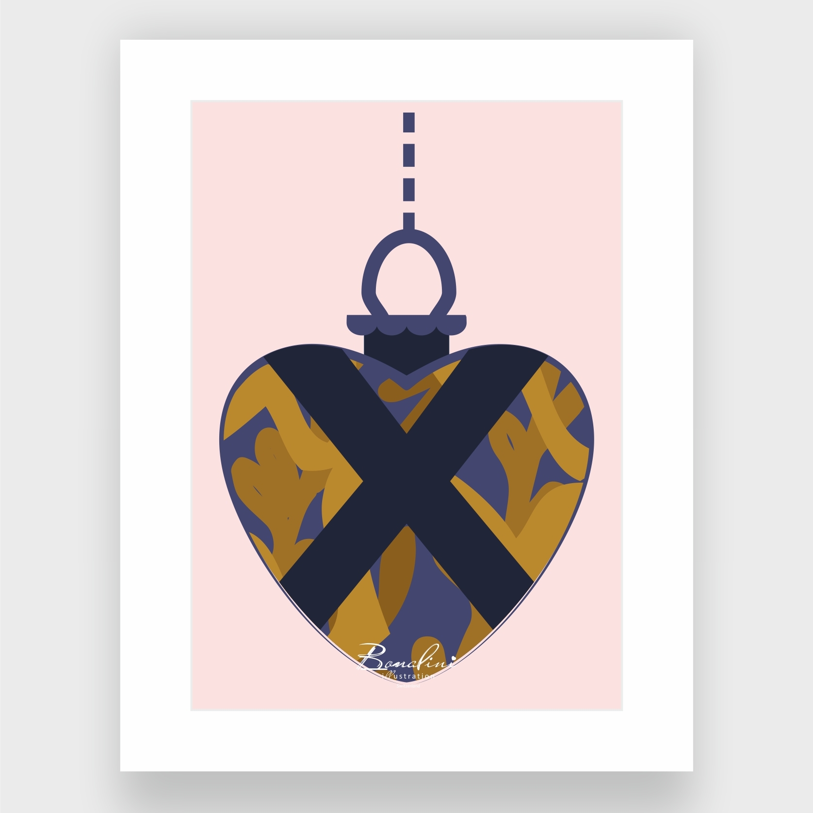 The Heart of Christmas poster with elegant white Passepartout — navy blue heart-shaped Christmas ornament with golden decorative patterns hanging from dotted string, soft pink background, nursery wall art for children's room, Swiss quality art print on Hahnemühle cotton