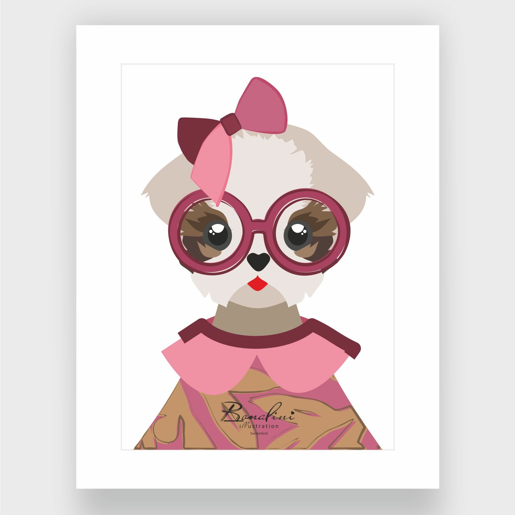 Gabriella The Shi Tzu art print with white passepartout - fashionable Shi Tzu dog with hat poster for nursery wall decor, kids room art Switzerland