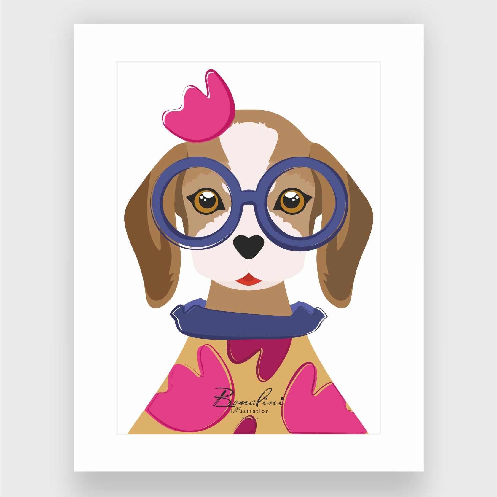 Lola The Beagle poster with elegant white Passepartout — sweet beagle wearing blue glasses, pink heart hair clip and colorful sweater, nursery wall art for children's room, Swiss quality art print on Hahnemühle cotton