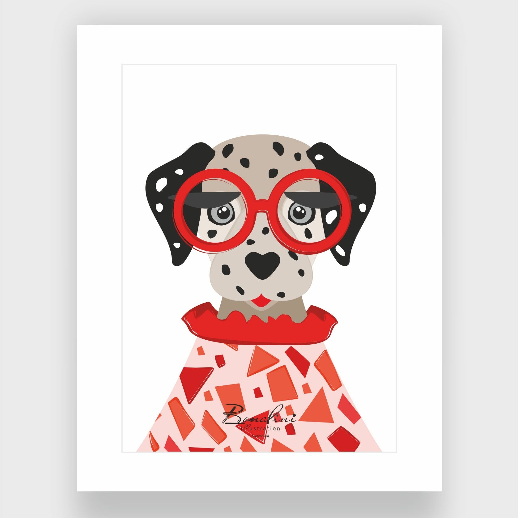 Lucky The Dalmatian poster with elegant white Passepartout — spotted dog wearing red glasses and coral-red geometric patterned sweater, nursery wall art for children's room, Swiss quality art print on Hahnemühle cotton