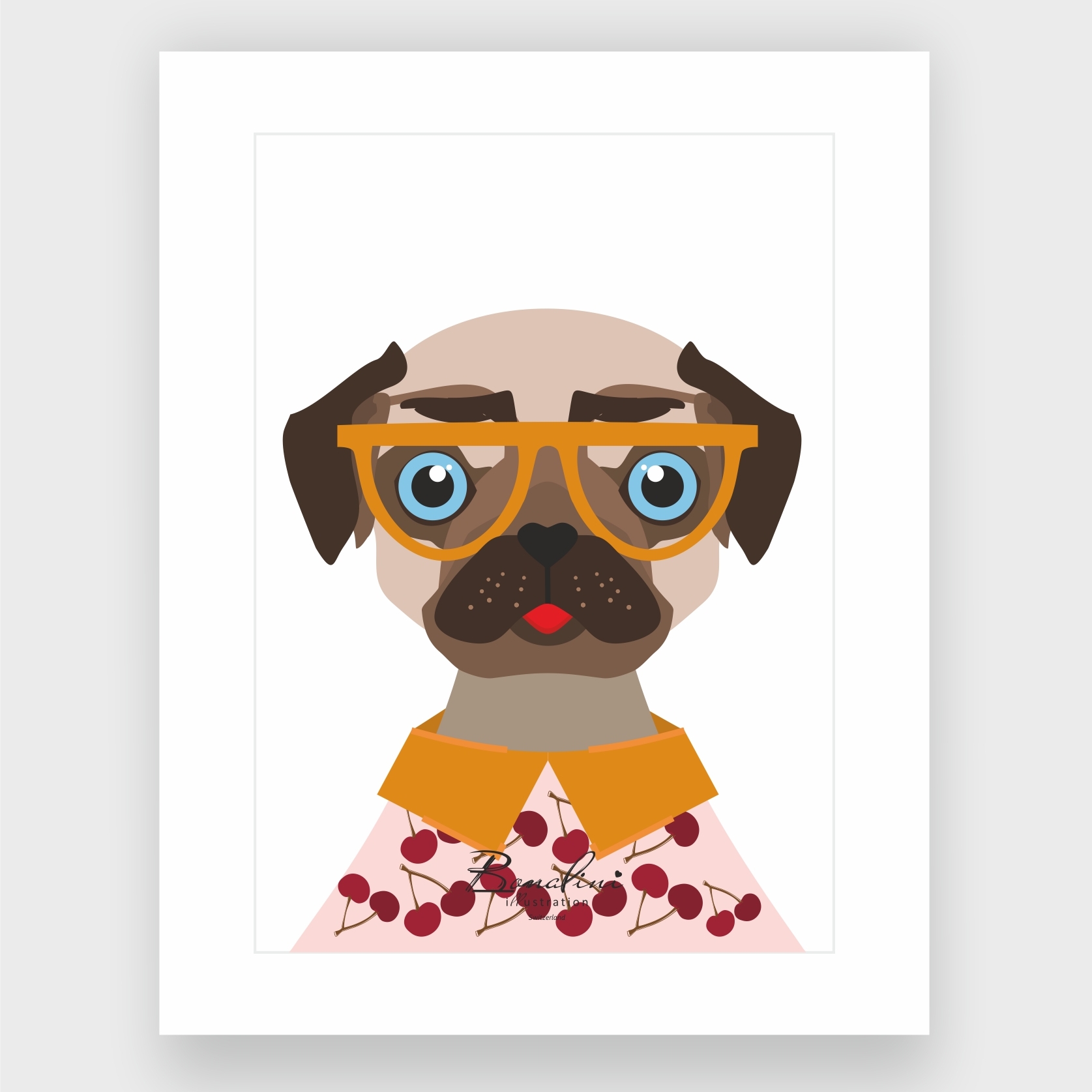 Frank The Pug art print with white passepartout - pug dog with yellow glasses and cherry sweater poster for nursery wall decor, kids room art Switzerland