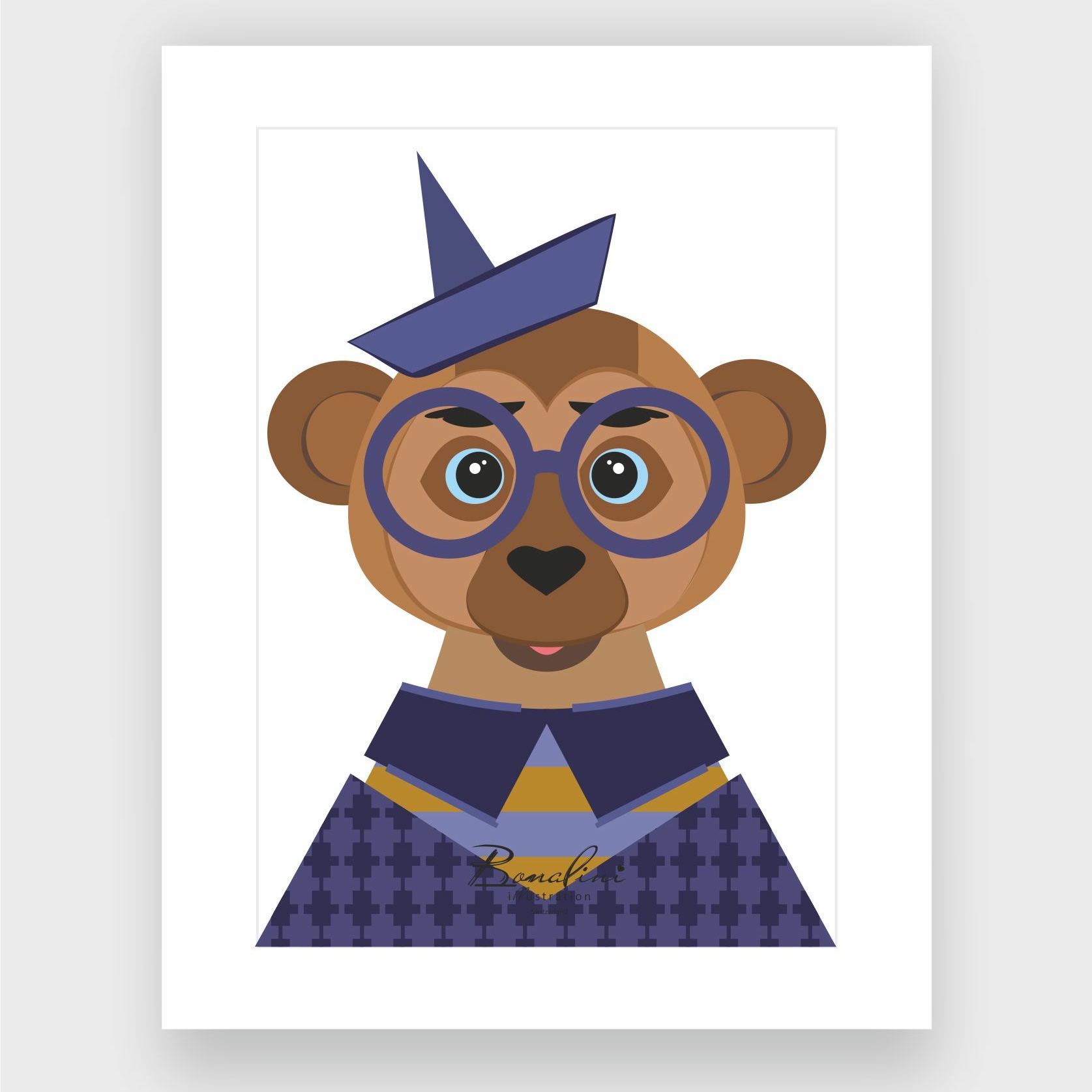 Julian The Monkey art print, playful monkey with navy blue paper boat explorer hat and round glasses, nautical adventure animal wall art for children's bedroom by Bonalini Switzerland