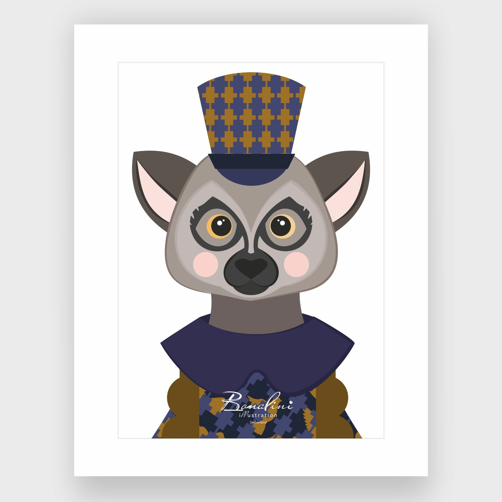 Philipp The Lemur art print, elegant lemur with checkered top hat in blue and gold, sophisticated houndstooth pattern animal wall art for children's bedroom by Bonalini Switzerland