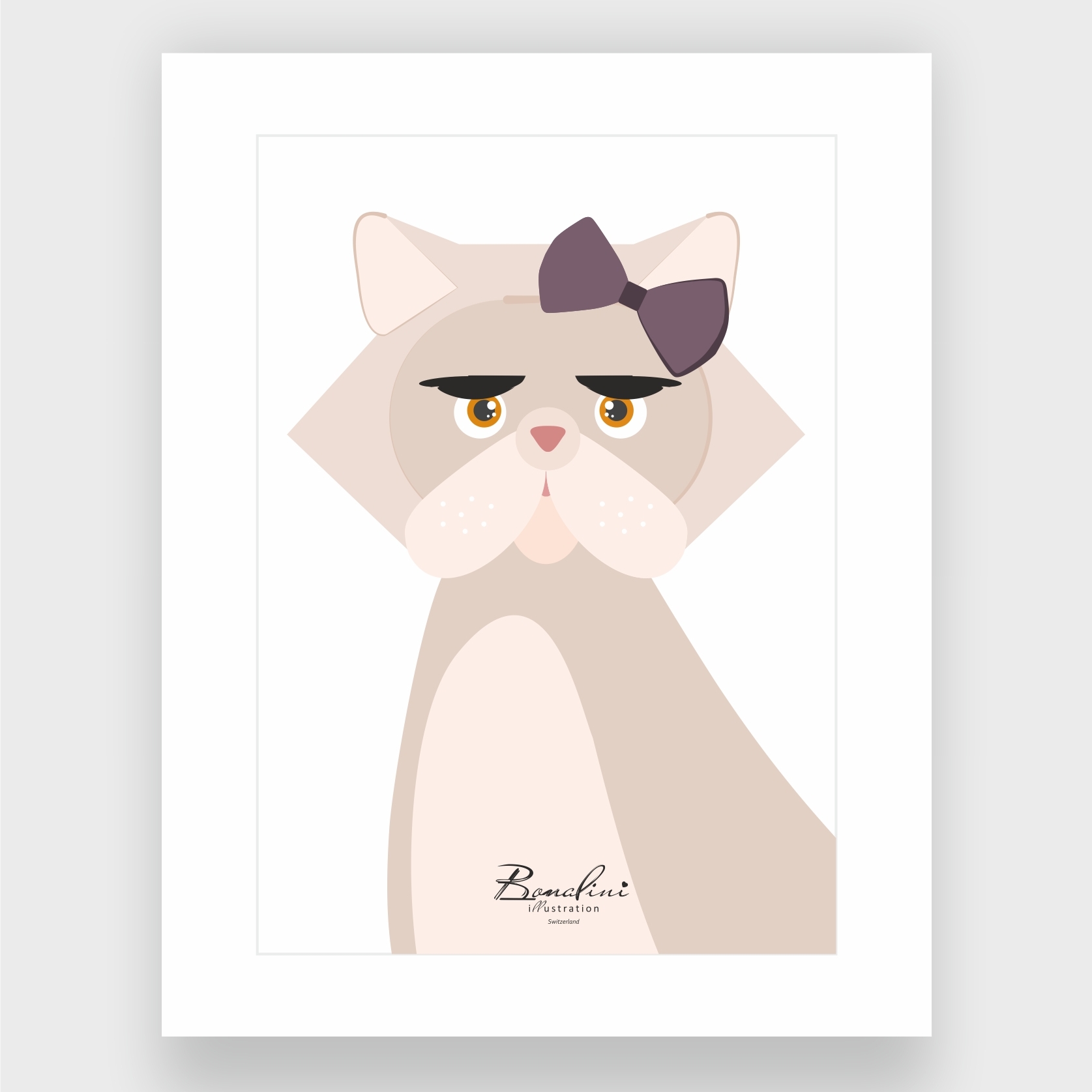 Cleo The Persian Cat poster with elegant white Passepartout — beige Persian cat wearing purple bow, nursery wall art for children's room, Swiss quality art print on Hahnemühle cotton, soft neutral tones