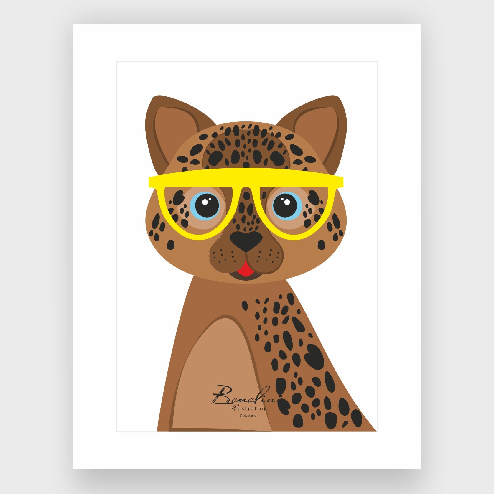 Lola The Leopard art print, spotted leopard with yellow glasses and blue eyes, playful wild cat wall art for children's bedroom by Bonalini Switzerland