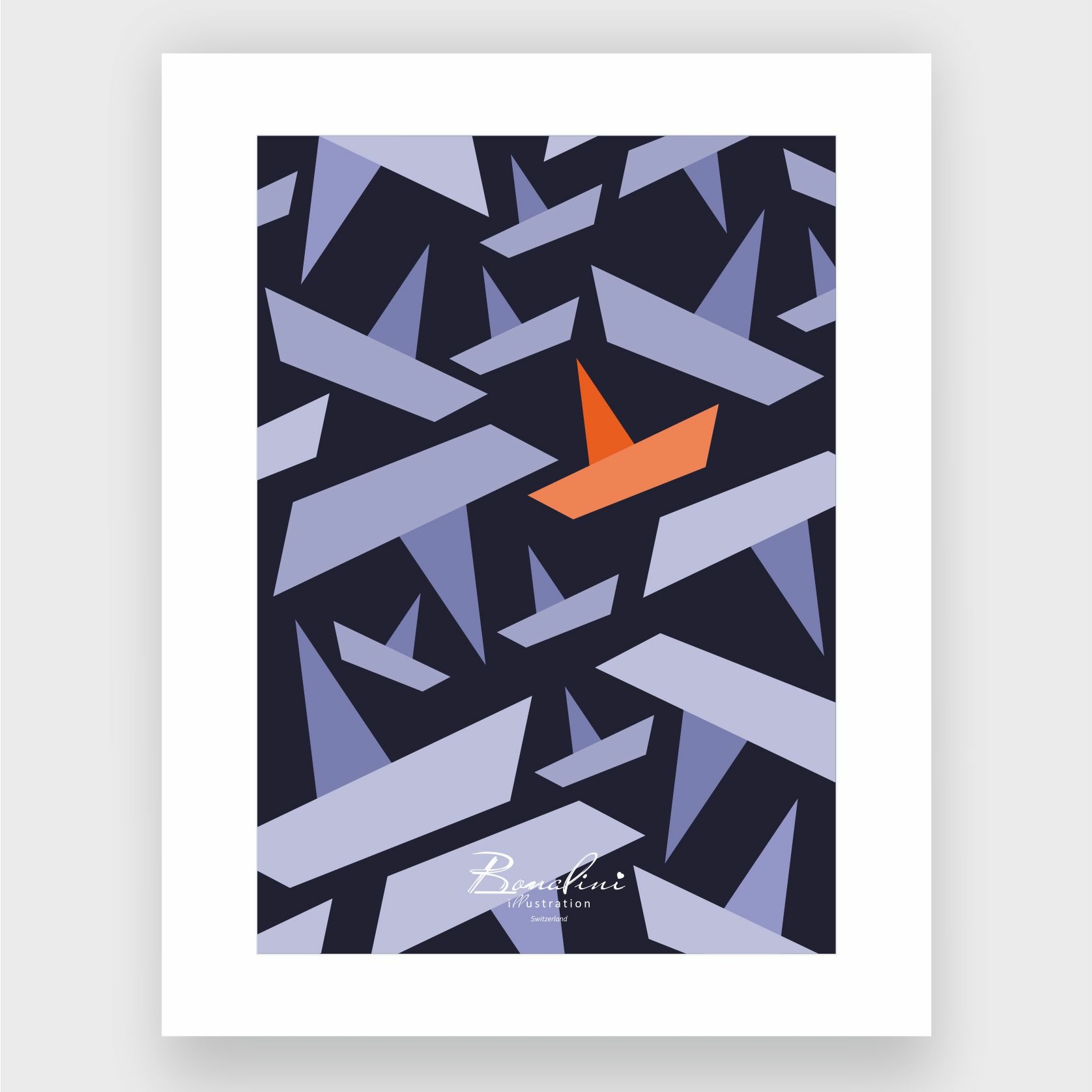 Be Unique poster with elegant white Passepartout — orange paper boat sailing on navy blue and lavender geometric abstract waves, motivational nursery wall art for children's room, Swiss quality art print on Hahnemühle cotton, individuality themed design