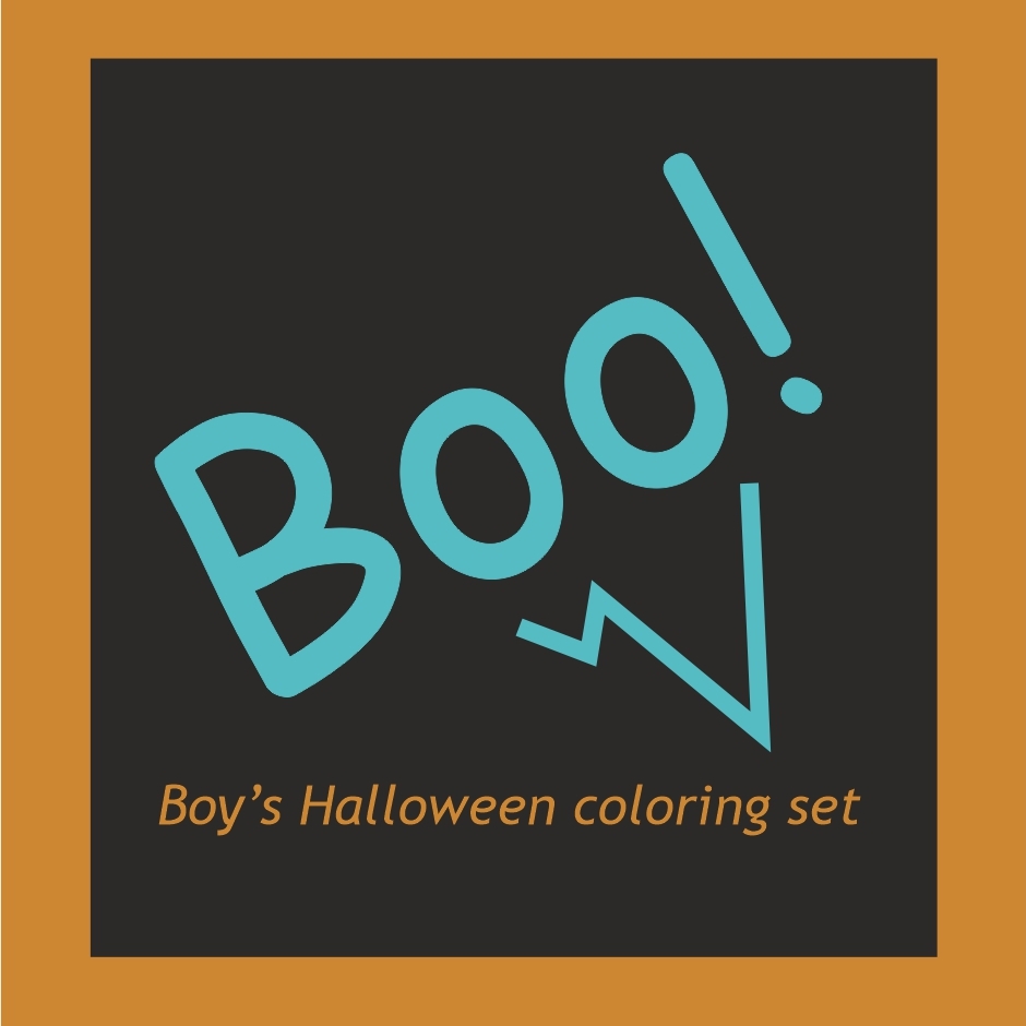 Boy's Halloween coloring set cover - BOO title page with turquoise letters, Swiss kids activity download, Bonalini Switzerland
