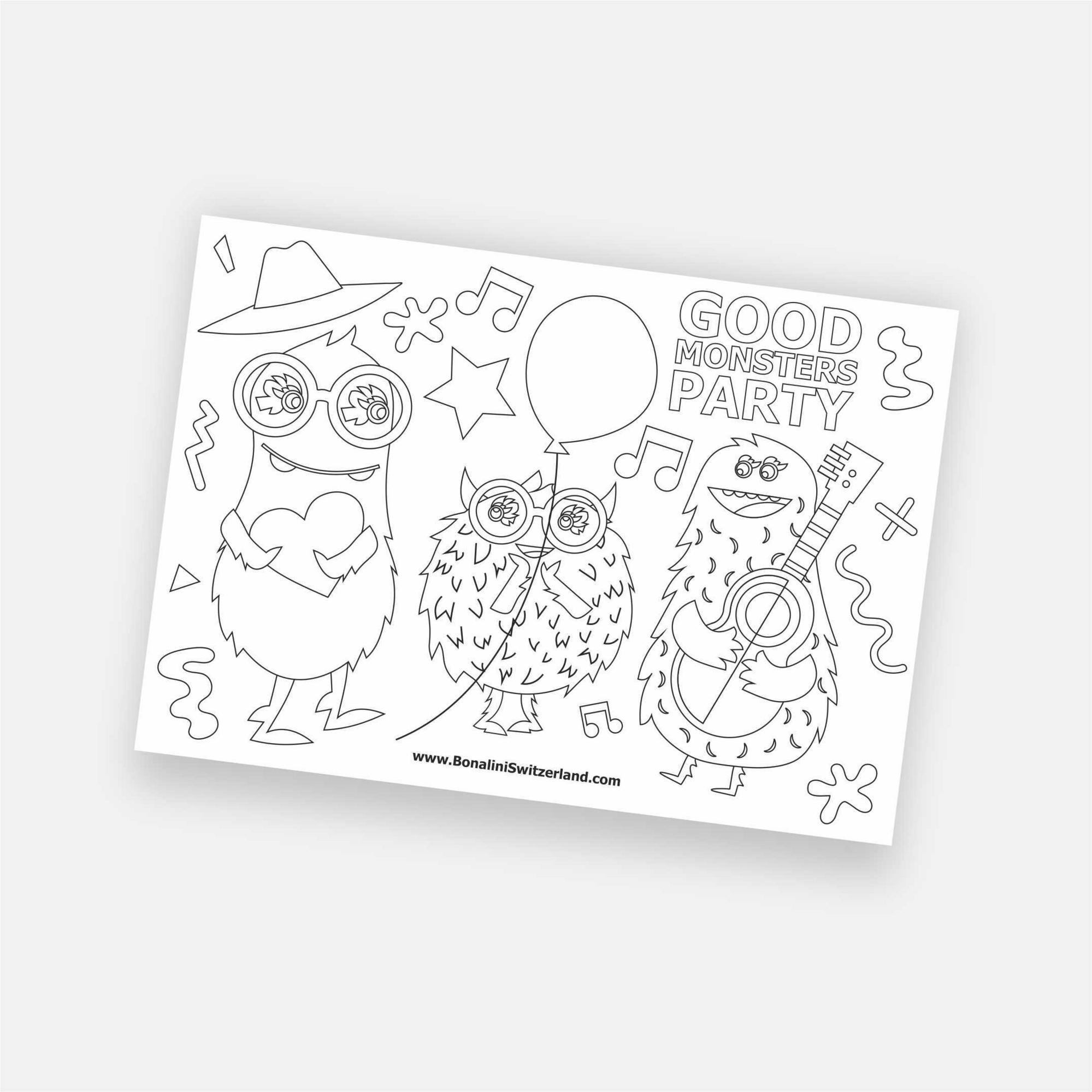 Good Monsters Party coloring page — black and white line art with three friendly monsters, music notes, balloons and stars, printable children's activity sheet, Bonalini Switzerland digital download