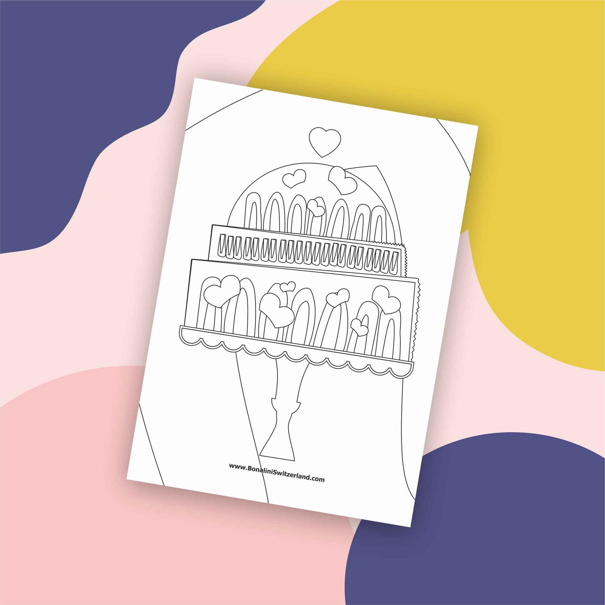 Be My Sweetest Valentine coloring page preview — instant download digital art with heart-filled cake, printable PDF for kids Valentine's Day creative activity, Bonalini Switzerland