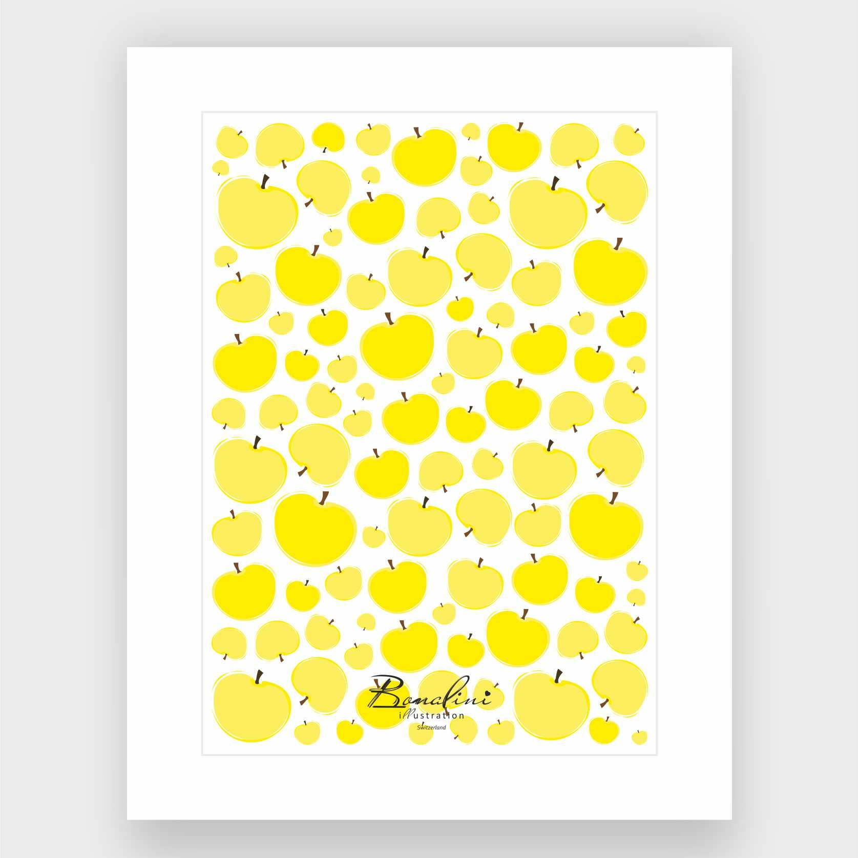 Yellow Apples poster with elegant white Passepartout — golden yellow apple pattern on white background, varying sizes of apples creating sunny optimistic design, nursery wall art for children's room, Swiss quality art print on Hahnemühle cotton