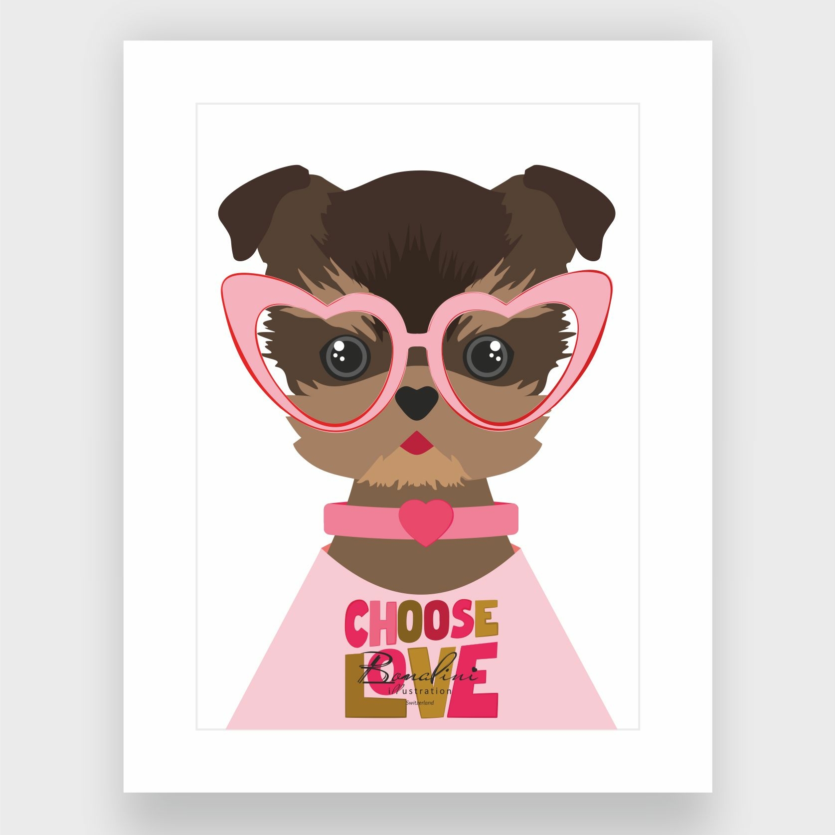 Mia The Yorkie Choose Love poster with elegant white Passepartout — Yorkshire Terrier wearing pink heart-shaped glasses and pink sweater with CHOOSE LOVE text, nursery wall art for children's room, Swiss quality art print on Hahnemühle cotton