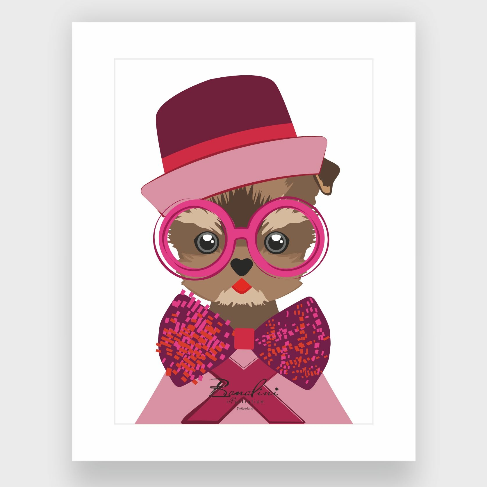 Little Lady Yorkie Mia — yorkie dog art print with pink hat and round glasses, nursery wall art for kids by BonaliniSwitzerland