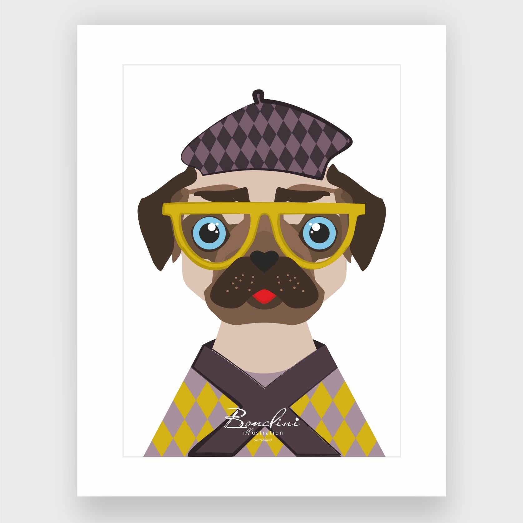 Moris The Pug poster with elegant white Passepartout — stylish pug wearing beret hat, yellow glasses and argyle sweater, nursery wall art for children's room, Swiss quality art print on Hahnemühle cotton