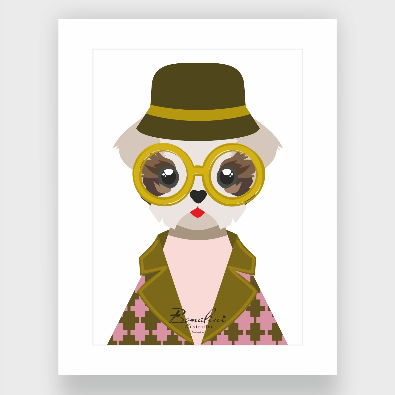 Lorella poster with elegant white Passepartout — stylish dog wearing olive green hat with yellow band, golden round glasses and pink-brown houndstooth jacket, nursery wall art for children's room, Swiss quality art print on Hahnemühle cotton
