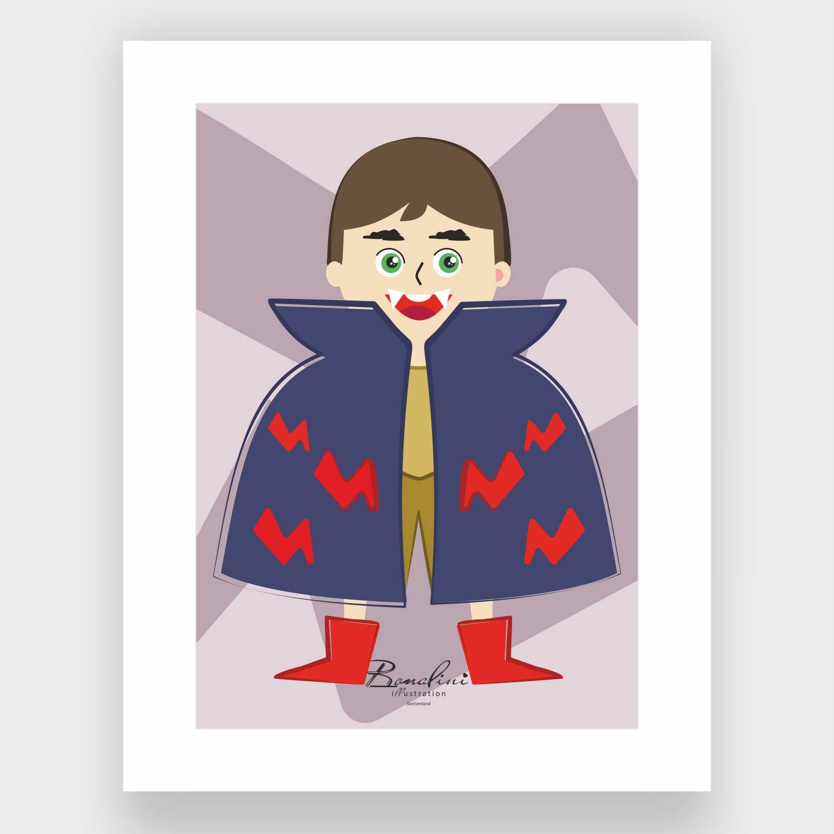 Johnny The Little Dracula poster with elegant white Passepartout — cute vampire boy wearing navy cape with red lightning bolts and red boots, green eyes friendly smile, Halloween nursery wall art for children's room, Swiss quality art print on Hahnemühle cotton