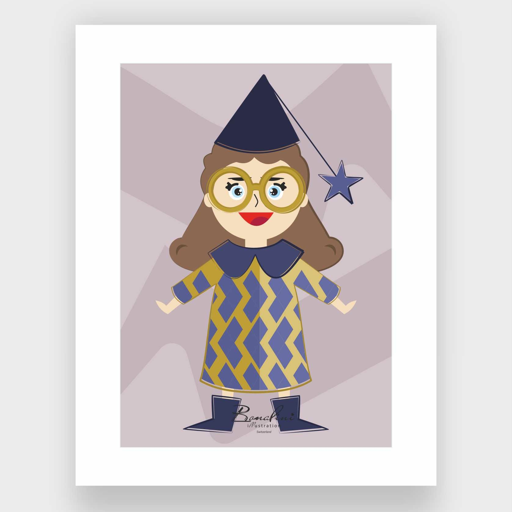 Stella The Little Dreamer poster with elegant white Passepartout — dreamy girl wearing navy blue sleeping cap with golden star, round glasses and blue-gold zigzag dress, nursery wall art for children's room, Swiss quality art print on Hahnemühle cotton