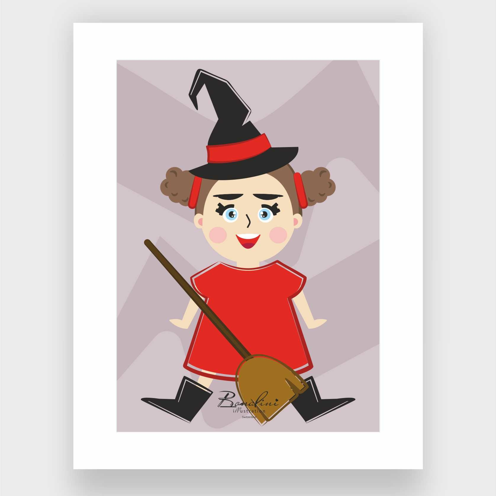 Vicky The Little Witch poster with elegant white Passepartout — cute girl witch wearing black hat with red band, red dress and holding broom, pigtails with red ribbons, Halloween nursery wall art for children's room, Swiss quality art print on Hahnemühle cotton