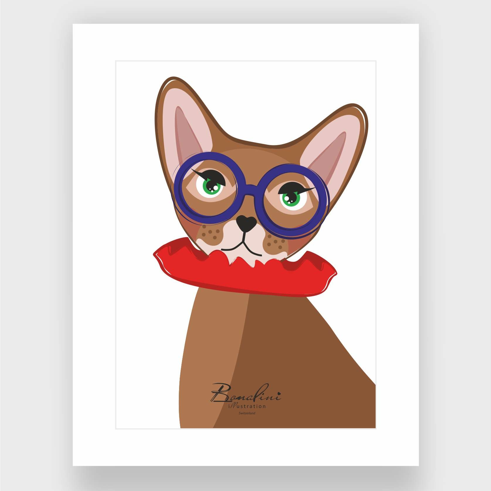 Ella The Cat art print with white passepartout - blue glasses cat poster for nursery wall decor, kids room art Switzerland
